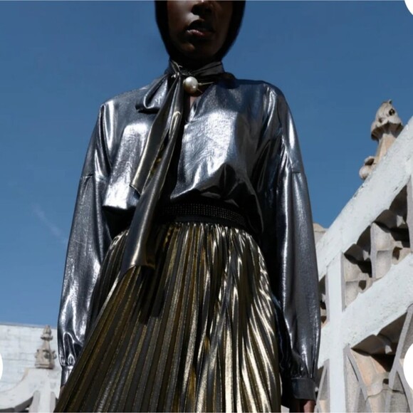 Le Superbe Costes Tie Front Metallic Vintage Gold Pewter Blouse Women's Medium - Picture 3 of 12